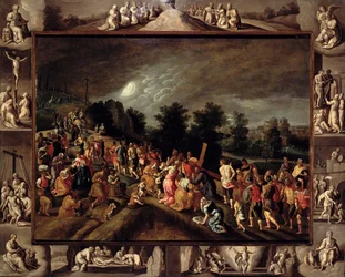 Le chemin du Calvaire, représenté dans le panneau central et scènes de la Crucifixion et de la Résurrection sur le cadre